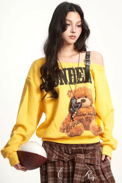 Retro Off-Shoulder Bear Sweatshirt