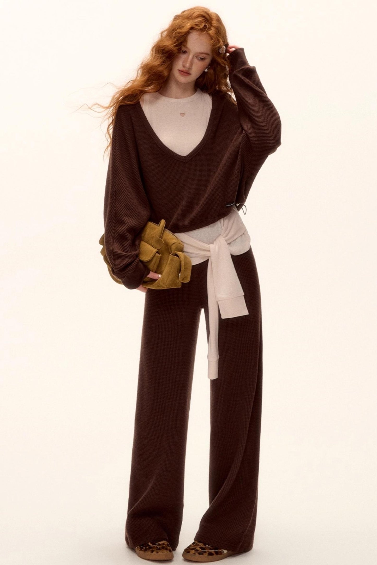 Waffle Knit V-Neck Sweater Set-Up