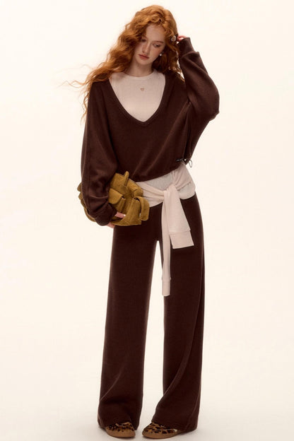 Waffle Knit V-Neck Sweater Set-Up