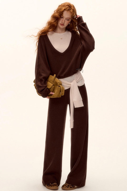 Waffle Knit V-Neck Sweater Set-Up