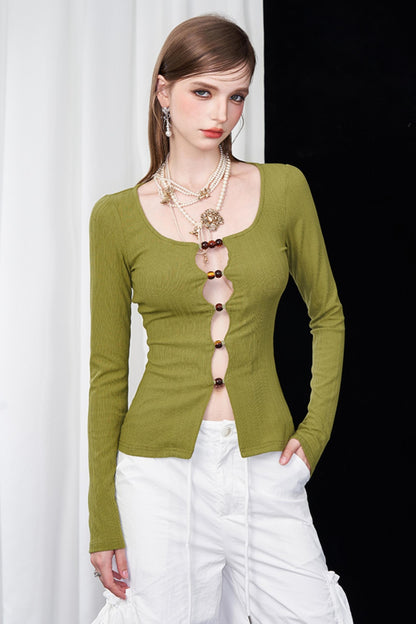 Color Beaded U-Neck Long Sleeve Tee