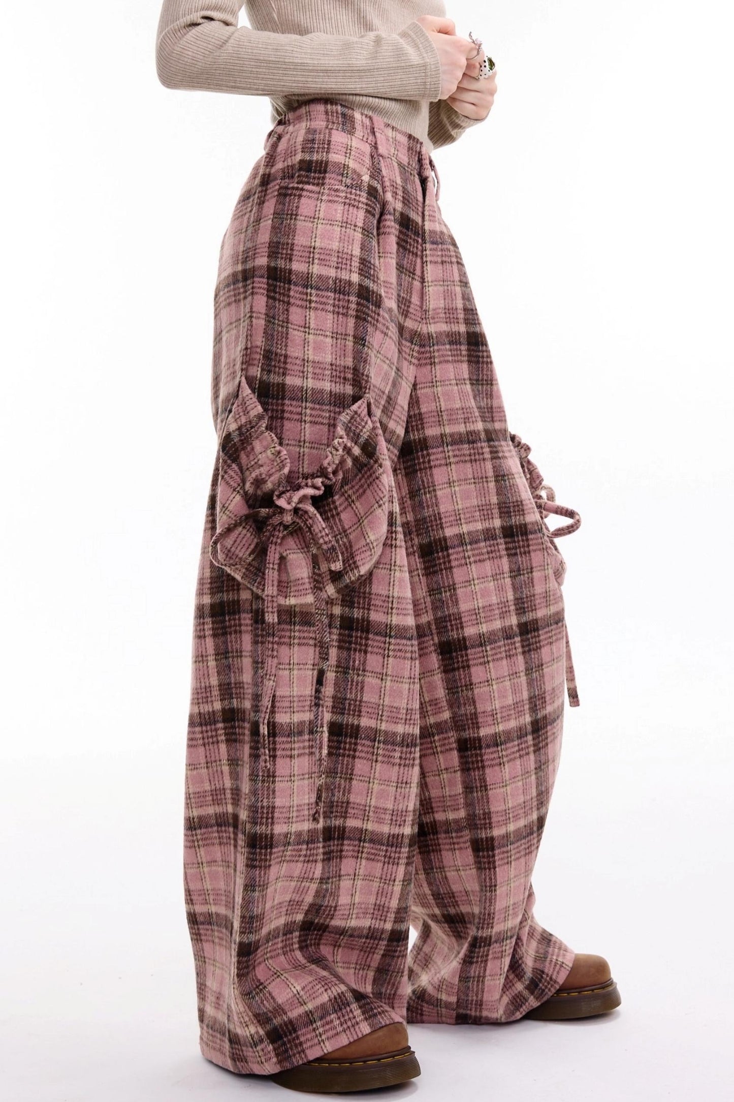 American Pink Plaid Wide-Leg Slacks