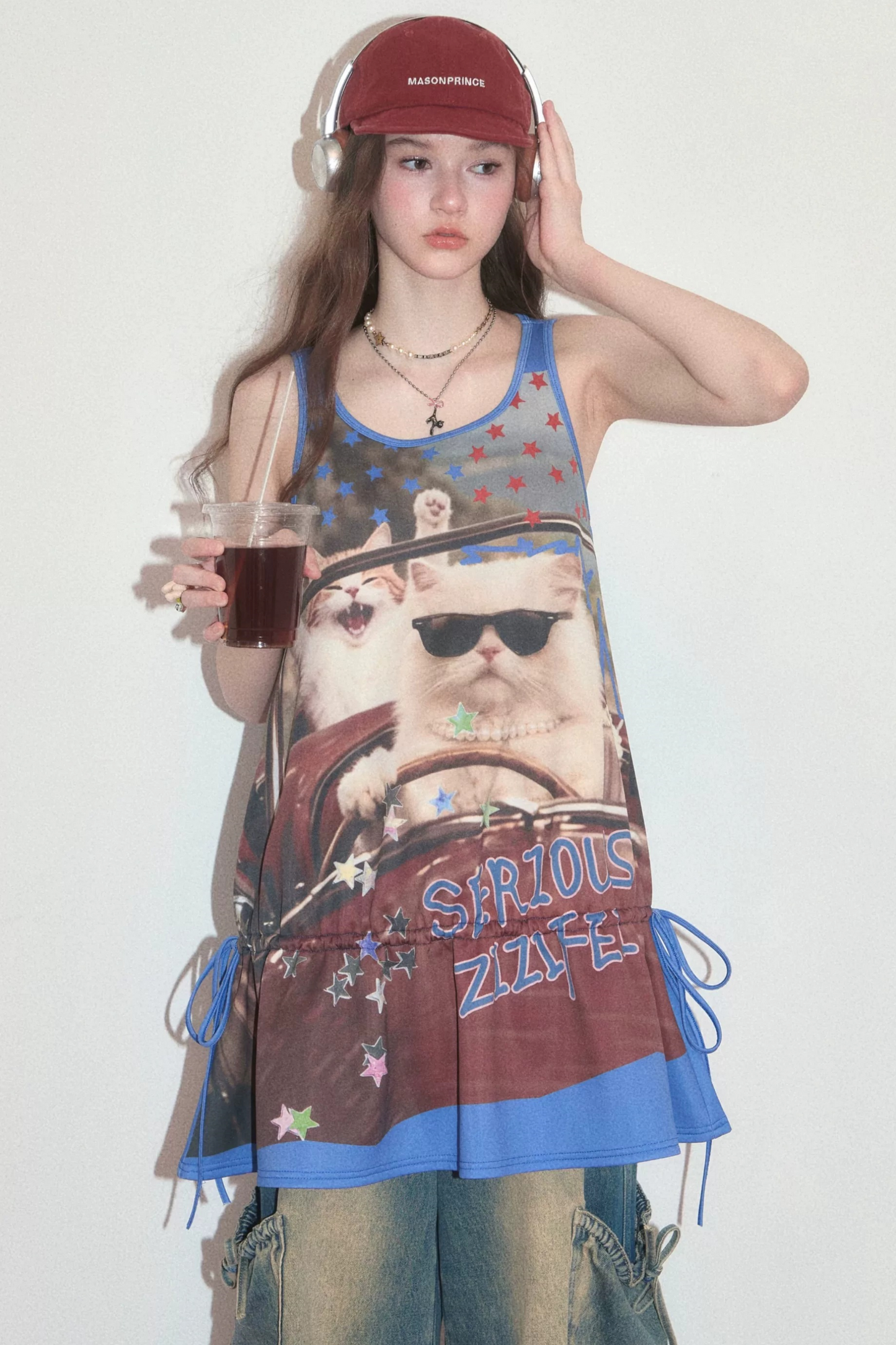 Robe sans manches streetwear rétro américaine à imprimé chat
