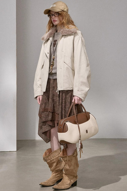 Curved Sleeve Fur Collar Jacket