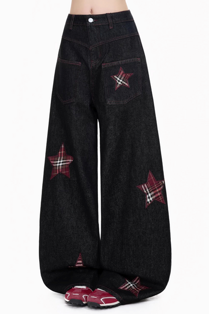 레트로 자수 체크 바지