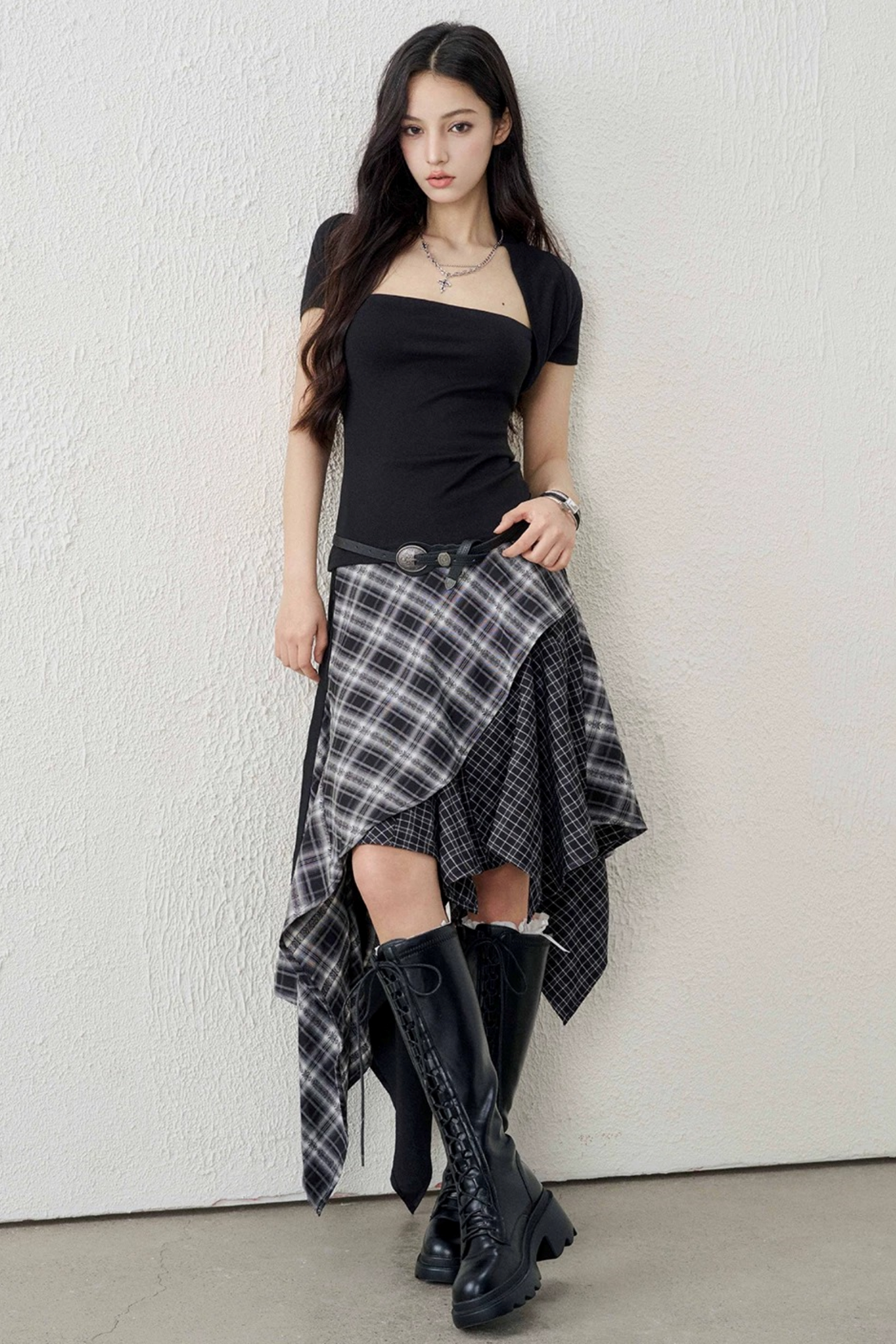 Irregular Hem Plaid Skirt Set