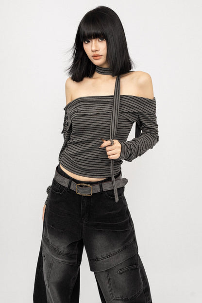 American Spice Girl Striped One-Shoulder Top