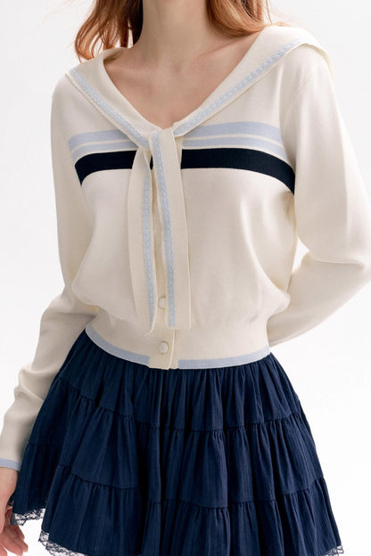 Navy Tie Shawl Contrast Sweater