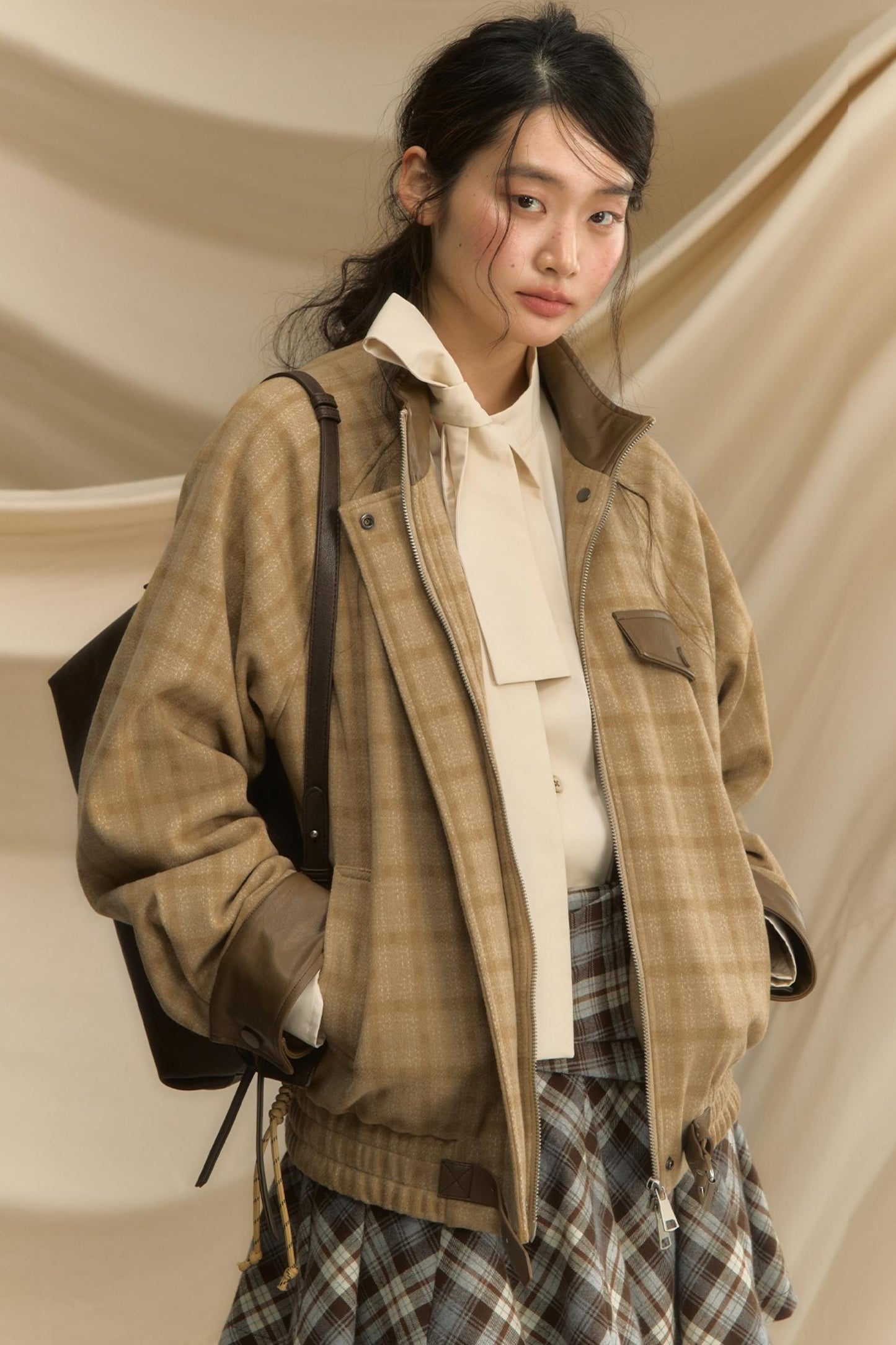 Stand Collar Plaid Woolen Jacket