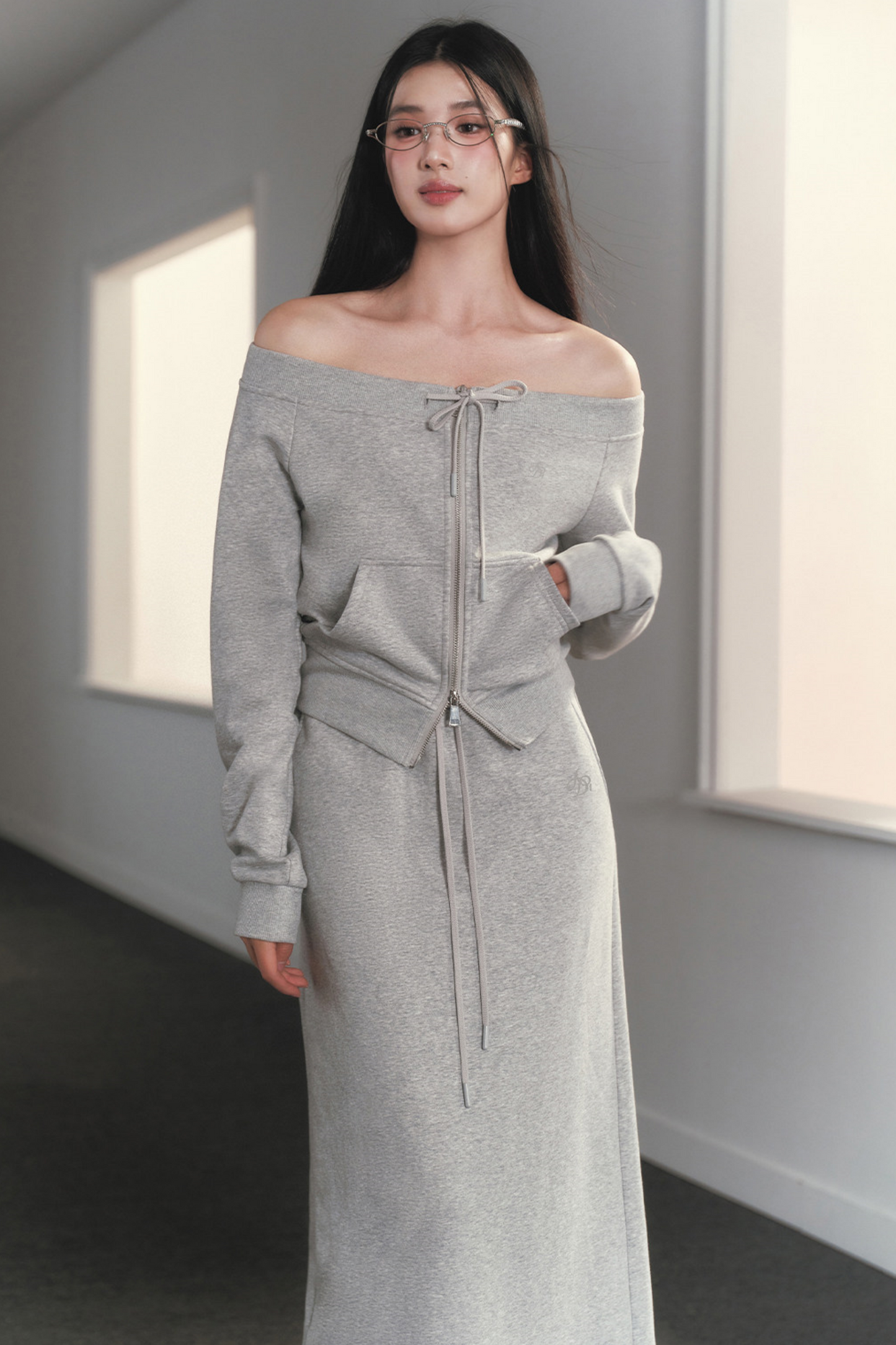 One-Shoulder Sweatshirt Skirt Set-Up