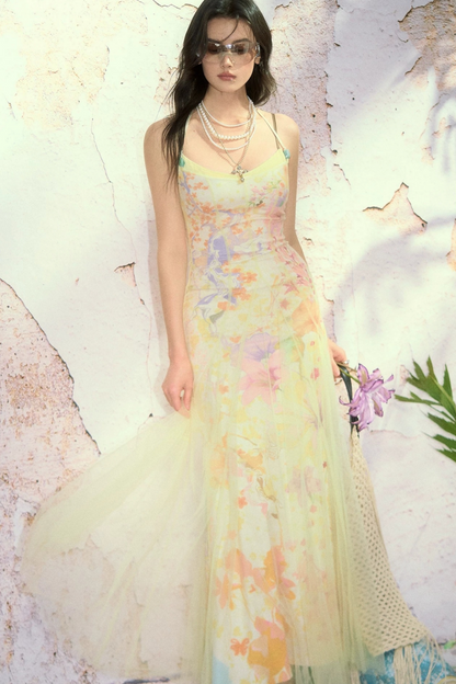 Oil Painting Print Organza Camisole Dress