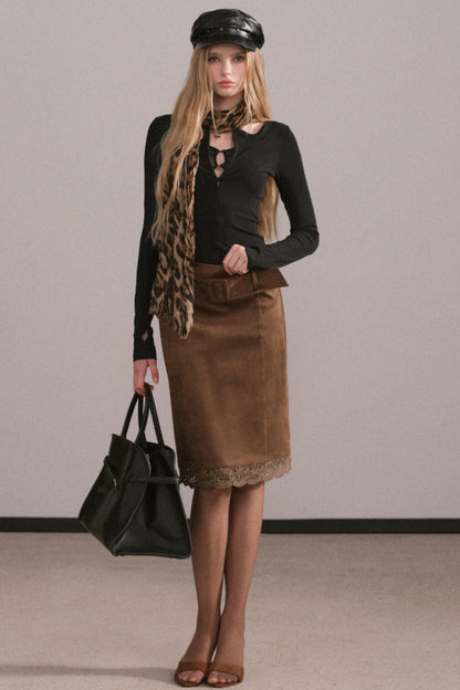 Retro Faux Suede Belted Skirt