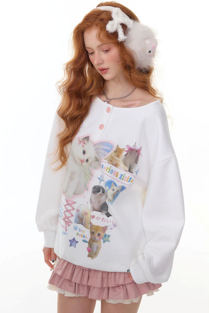 Cat Print Round Neck Sweatshirt