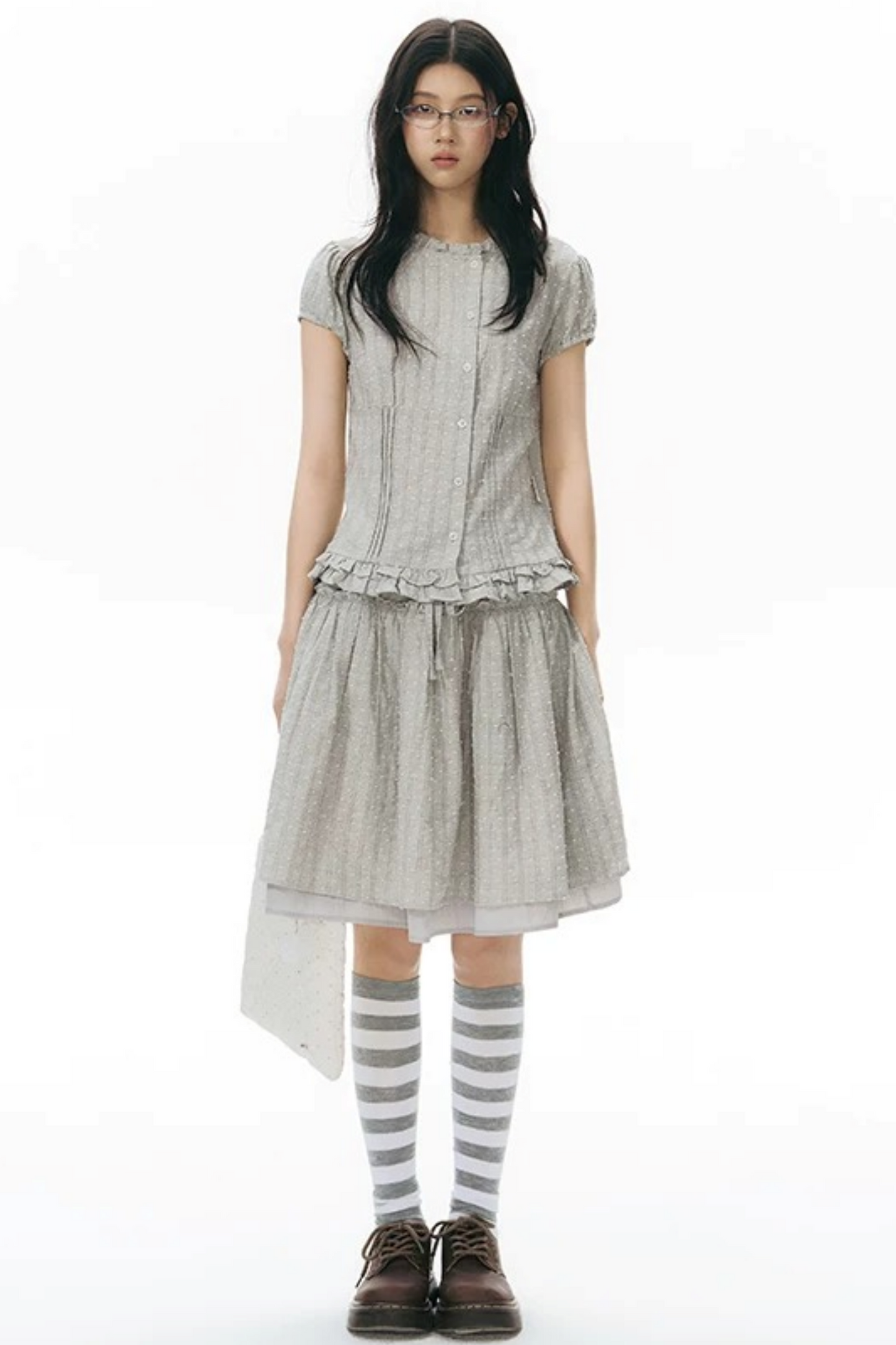 Ruffle Drawstring Blouse & Skirt Set-Up