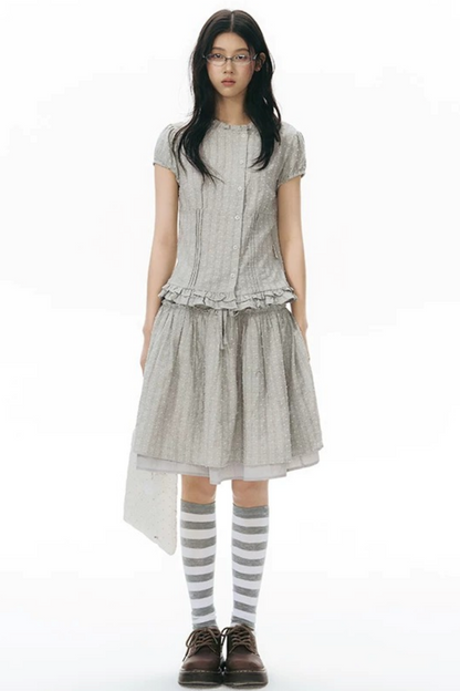 Ruffle Drawstring Blouse & Skirt Set-Up