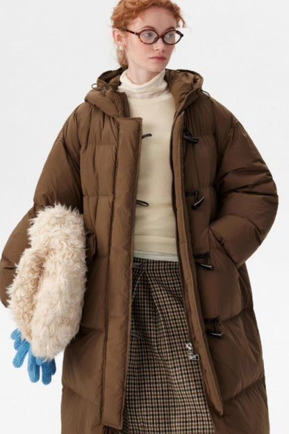Hooded Horn Button Long Down Jacket