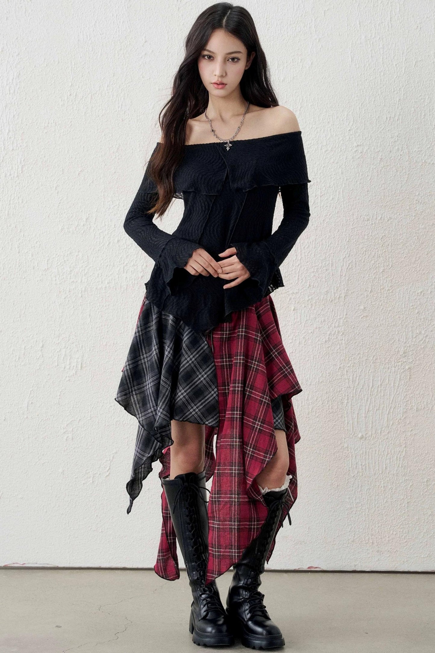 Irregular Plaid Patchwork Skirt