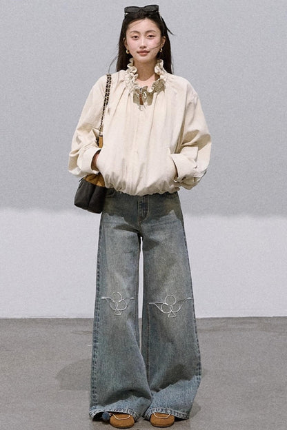 Vintage Burnt Flower Wide-Leg Jeans