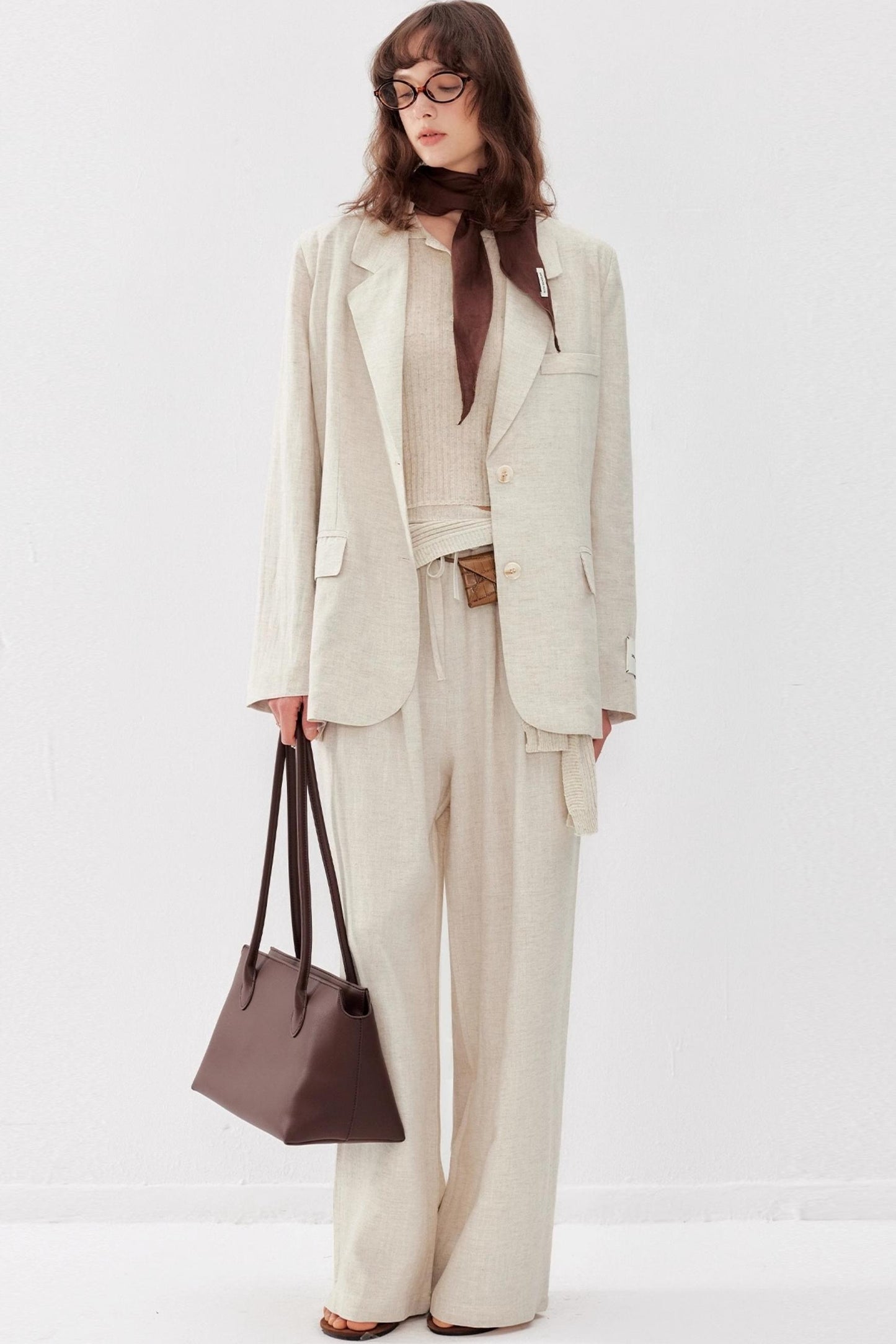 Chic Linen-Cotton Blazer & Wide Leg Pant Set-Up
