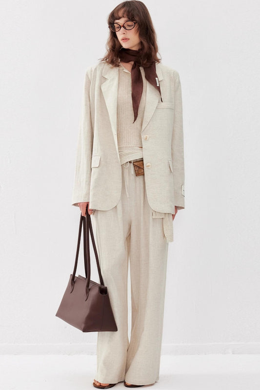 Chic Linen-Cotton Blazer & Wide Leg Pant Set-Up