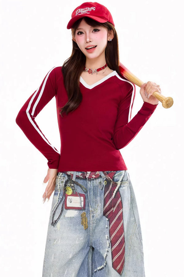 Retro Red V-Neck Top