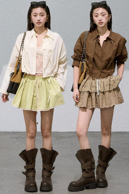 Cropped Lace-Up Cotton Shirt