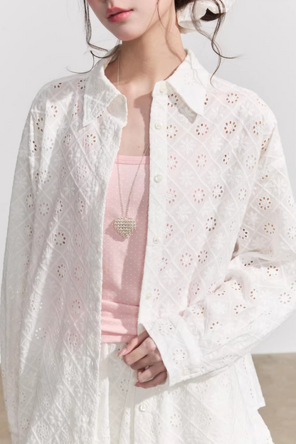 Elegant Hollow-Out Lace Blouse & A-Line Skirt Set-Up