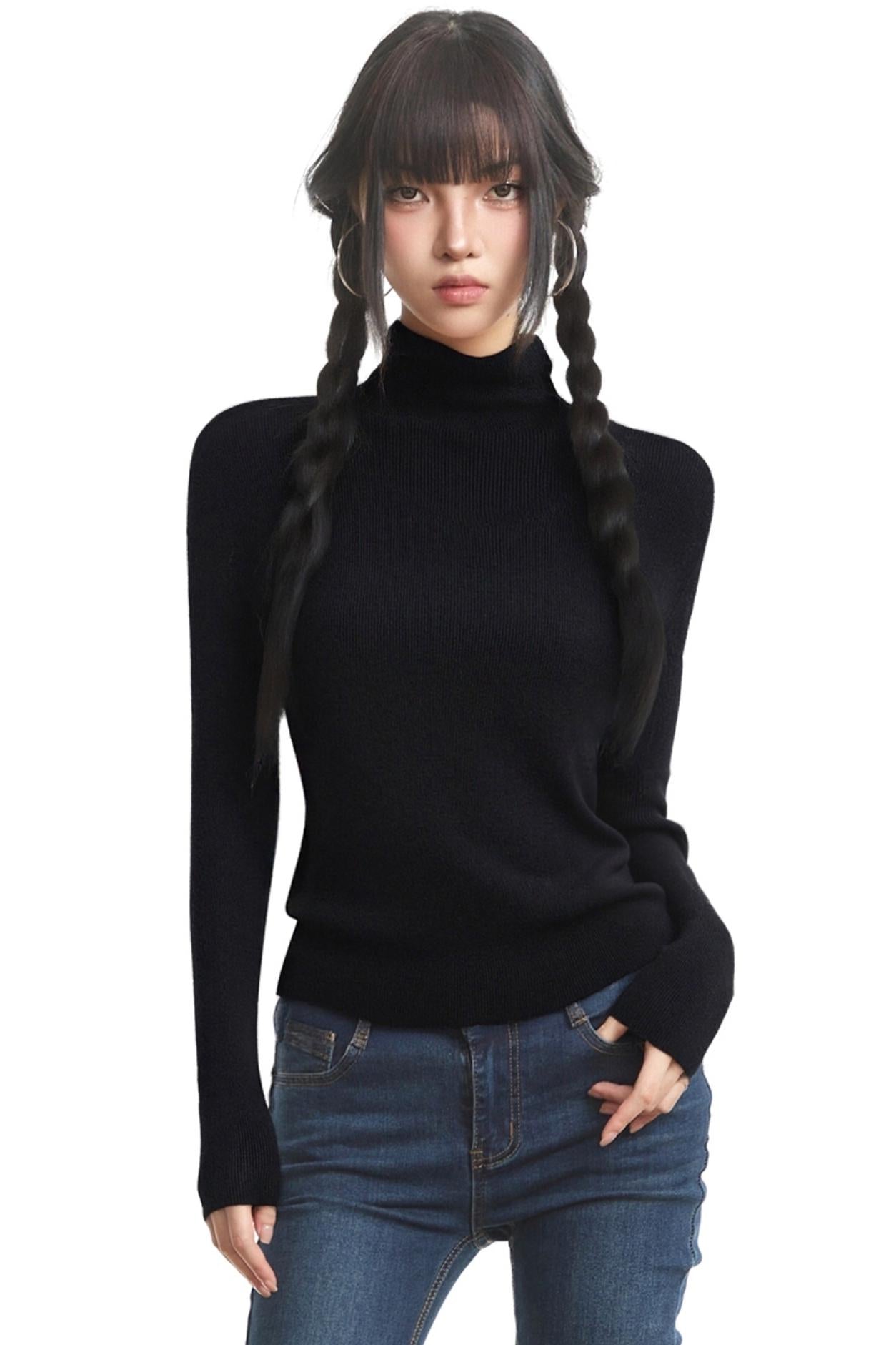 Black Slim Knit Long Sleeve Top