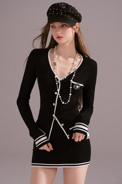 Hot Girl Contrast Knit Cardigan Suit Set-Up