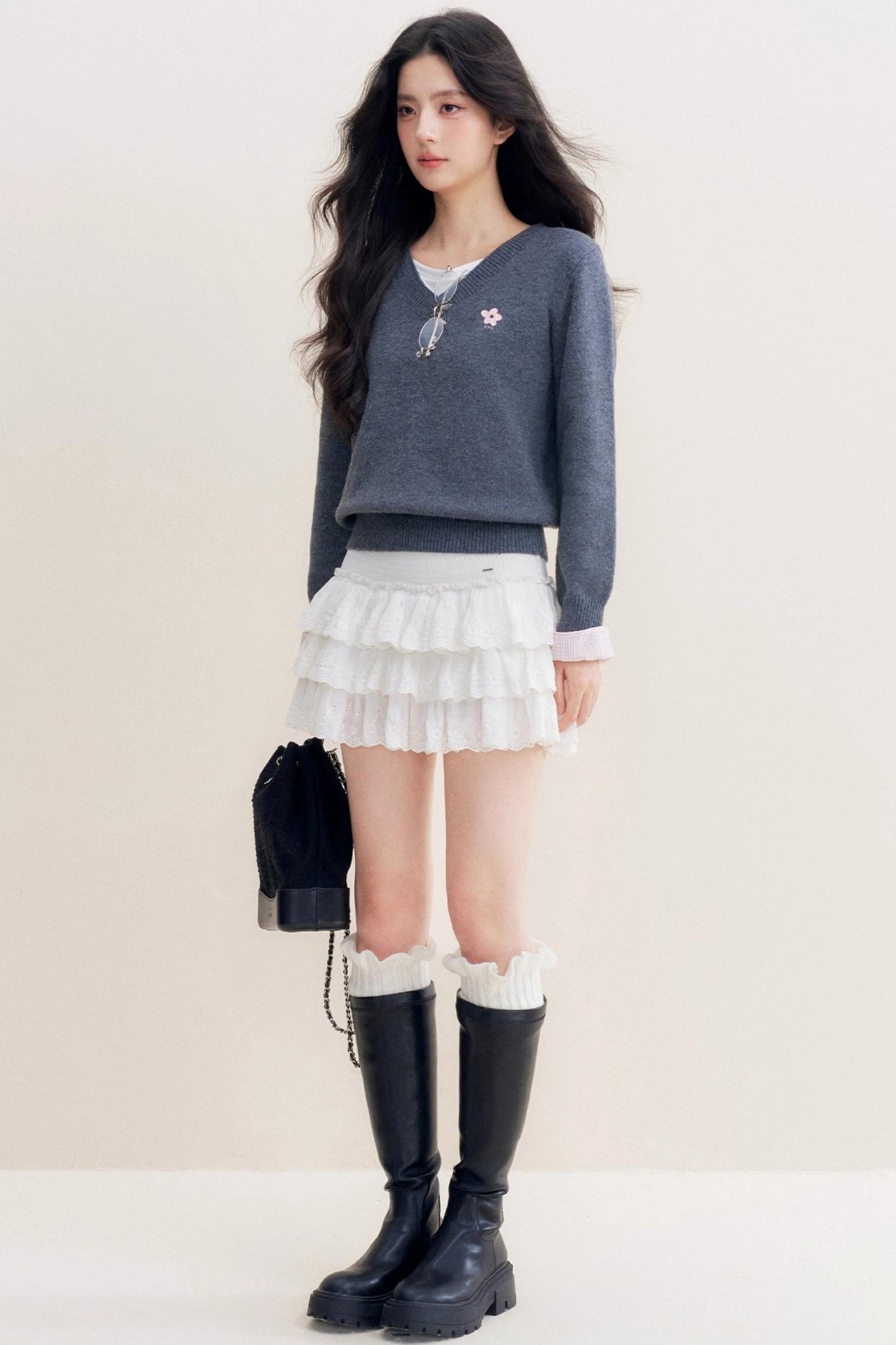 Romantic Check Wool-Blend V-Neck Sweater