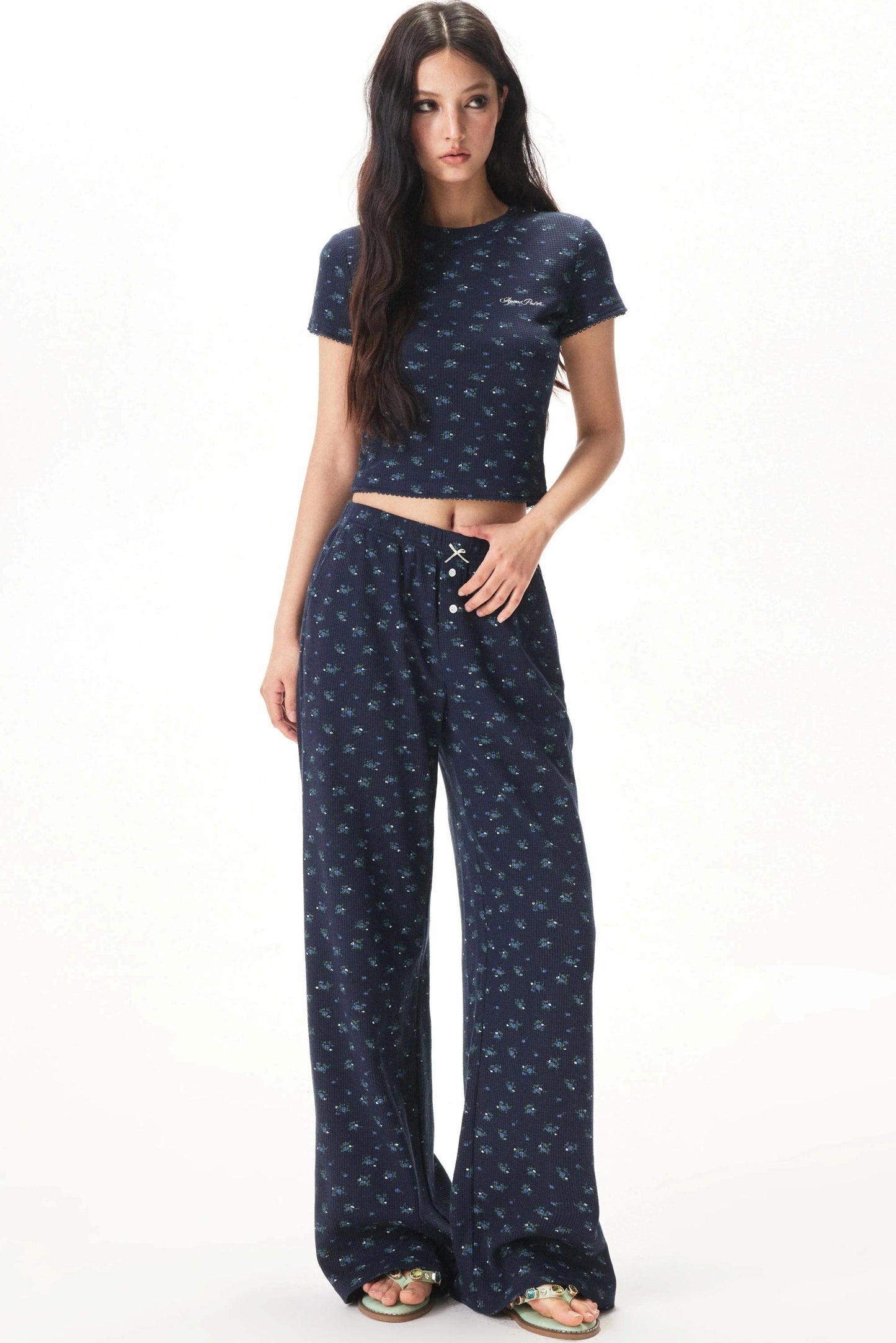 Floral Placket Blouse and Pants Set-Up