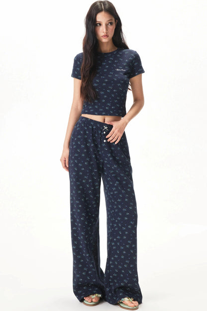 Floral Placket Blouse and Pants Set-Up
