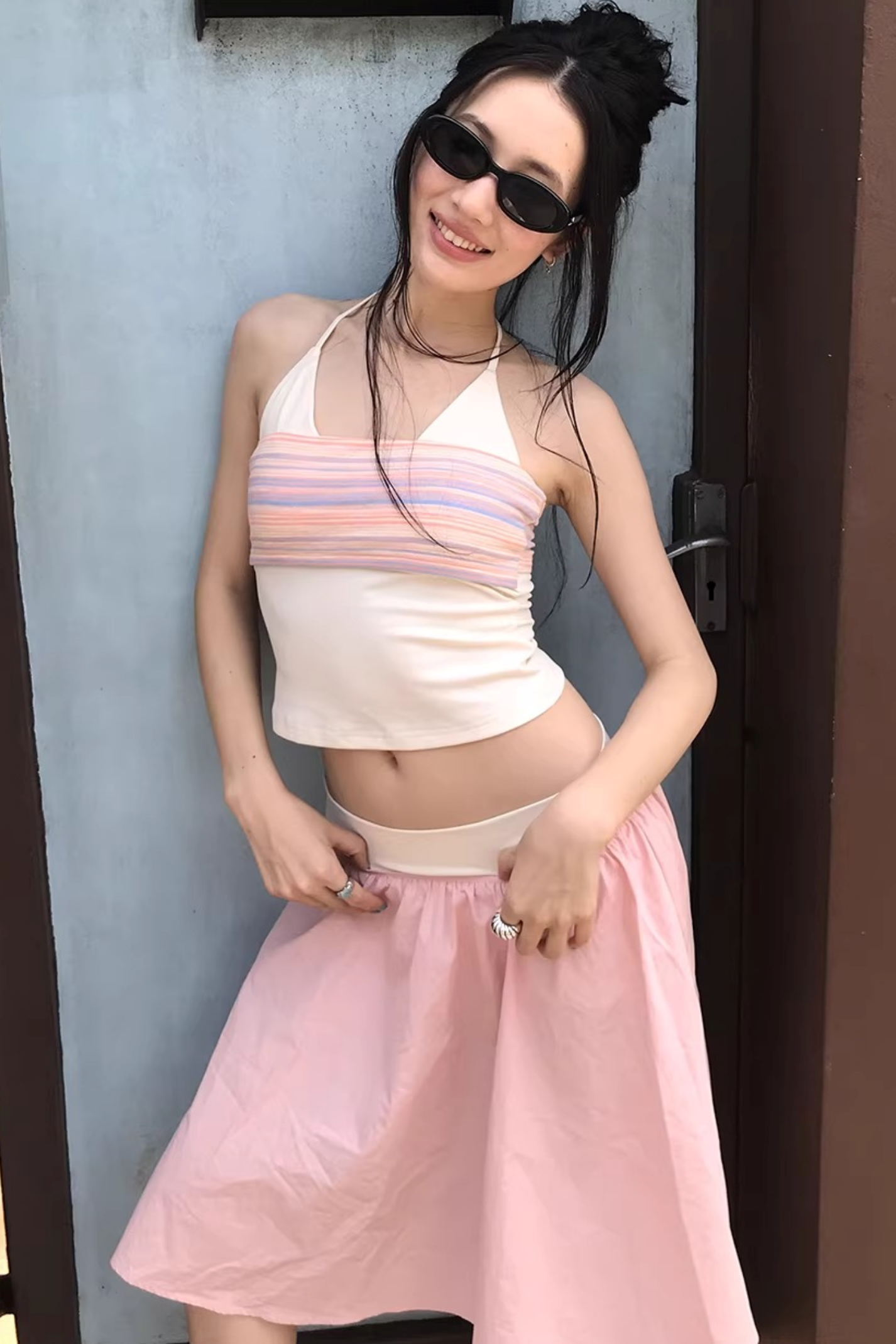 Striped Two-Tone Layered Skirt Set