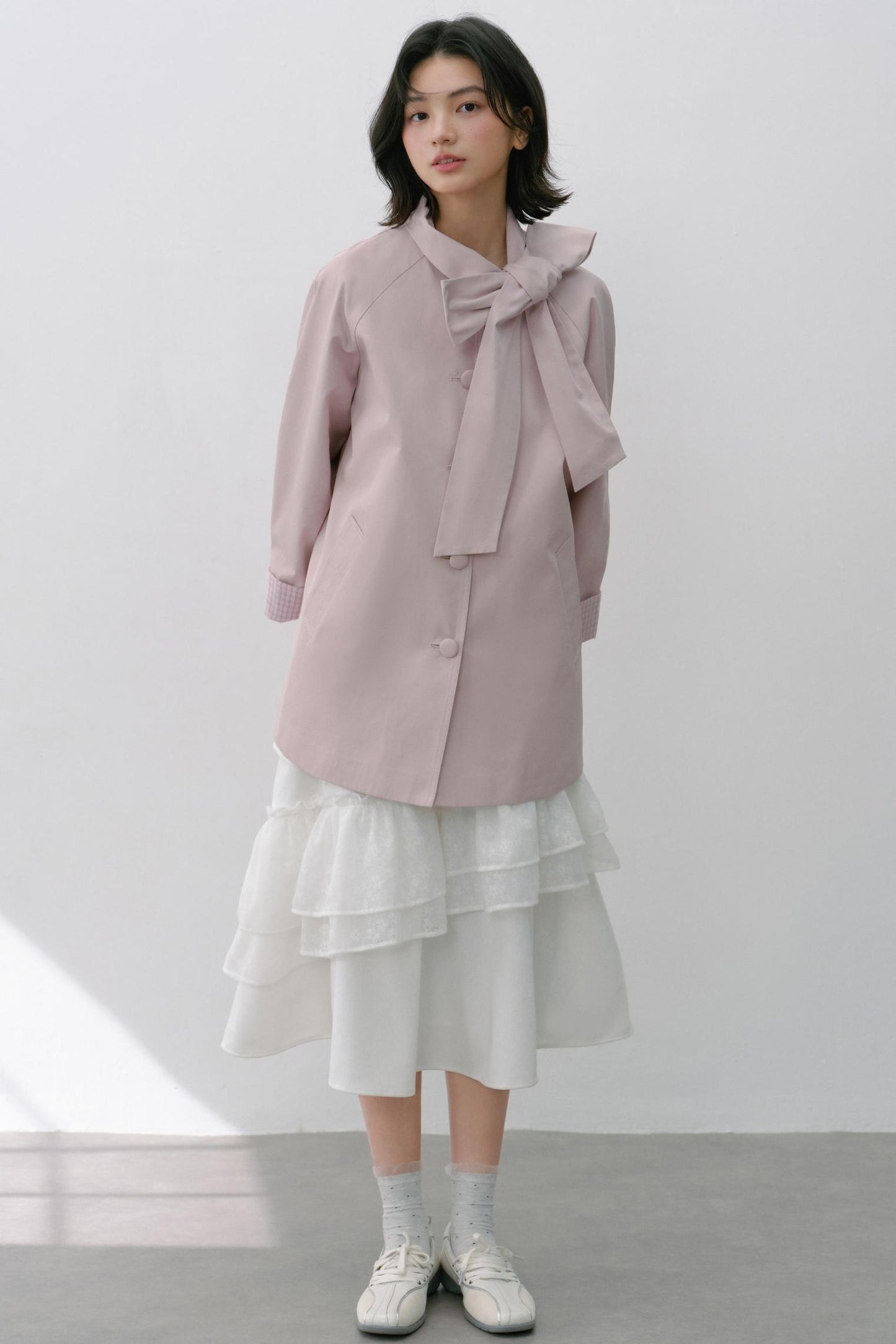 Pink Grey Check Bow Trench Coat