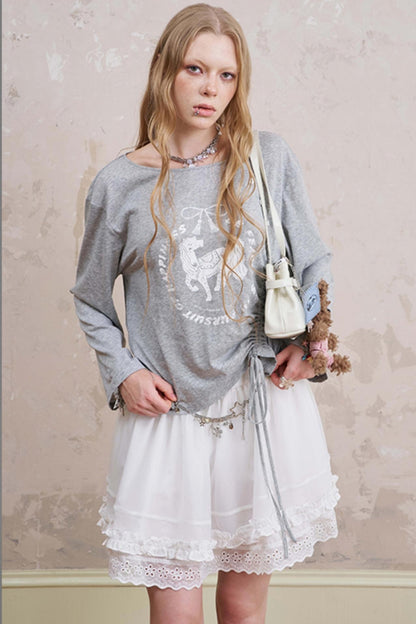 Slanted Monochrome Flower Ruffle T-Shirt