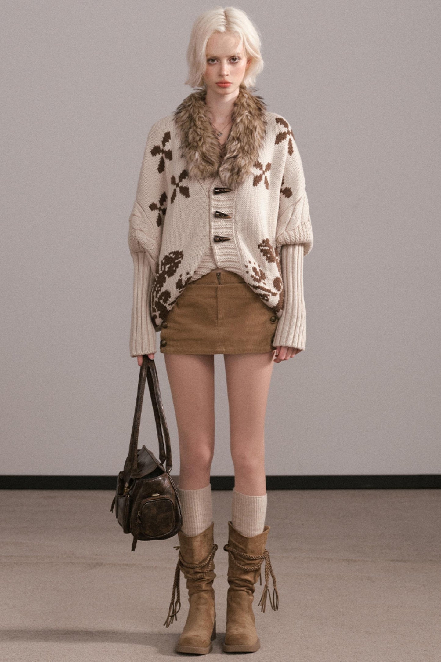 Jacquard Fur Collar Batwing Jacket