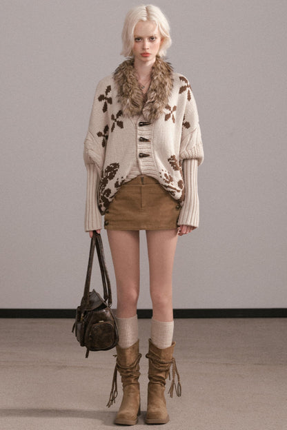 Jacquard Fur Collar Batwing Jacket