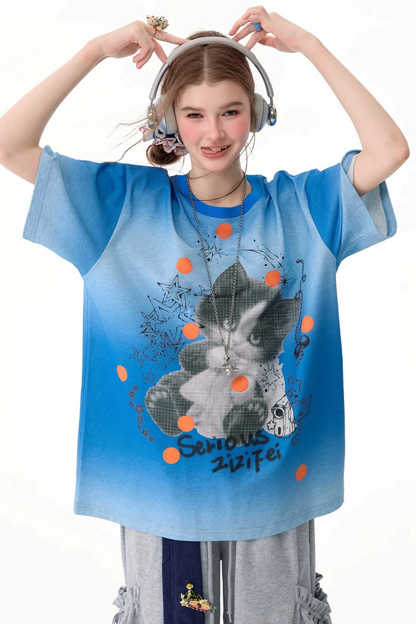 Blue Gradient Cat Print T-Shirt