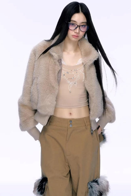 우아한 페이크 퍼 패치워크 코트