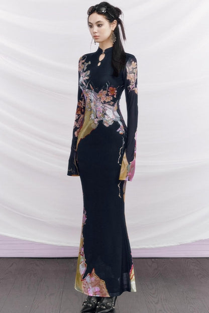 Contrast Color Cheongsam Dress