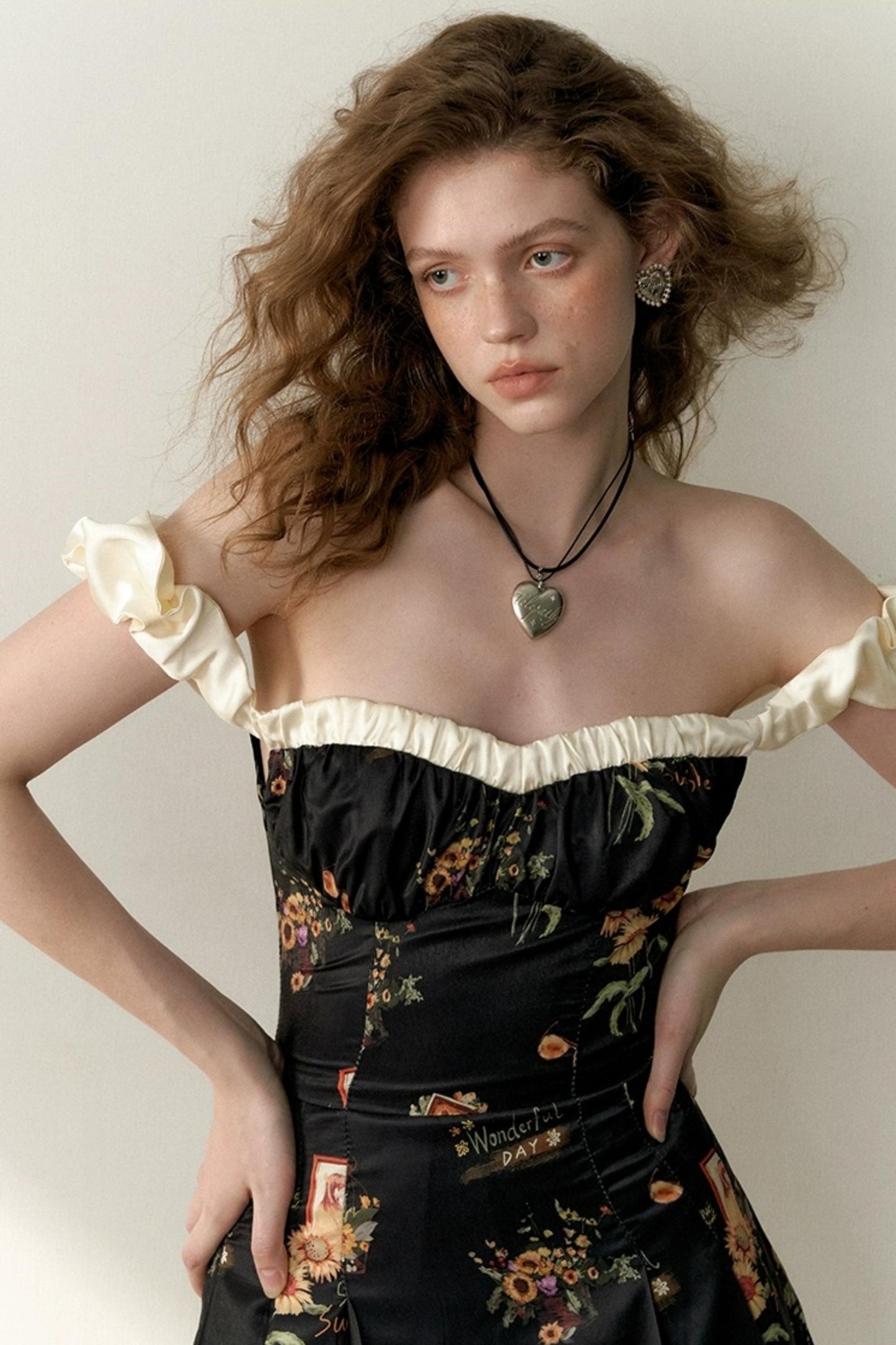 Floral One-Shoulder Black Bustier Dress