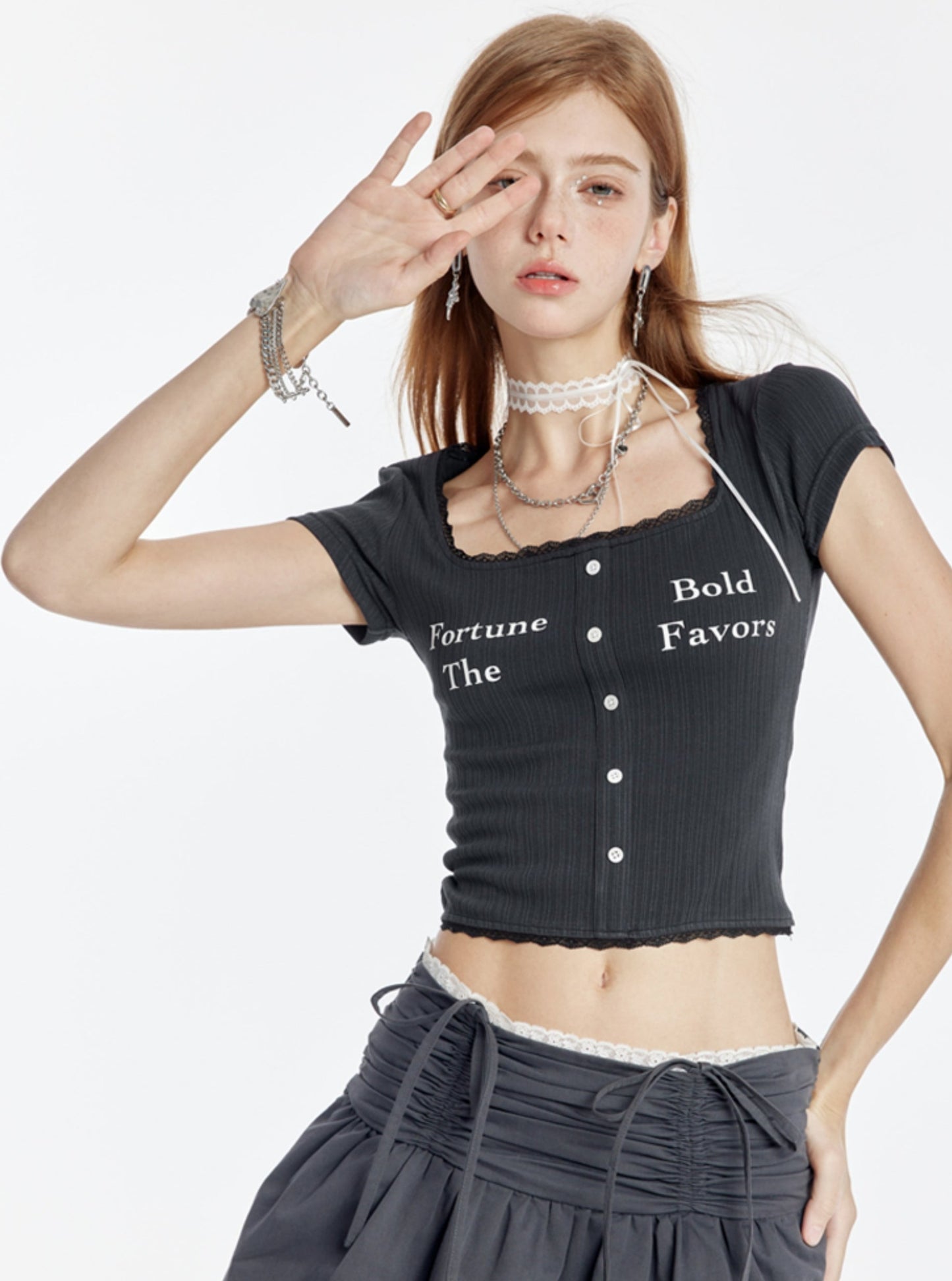 U-Neck Lace Short Sleeve T-Shirt