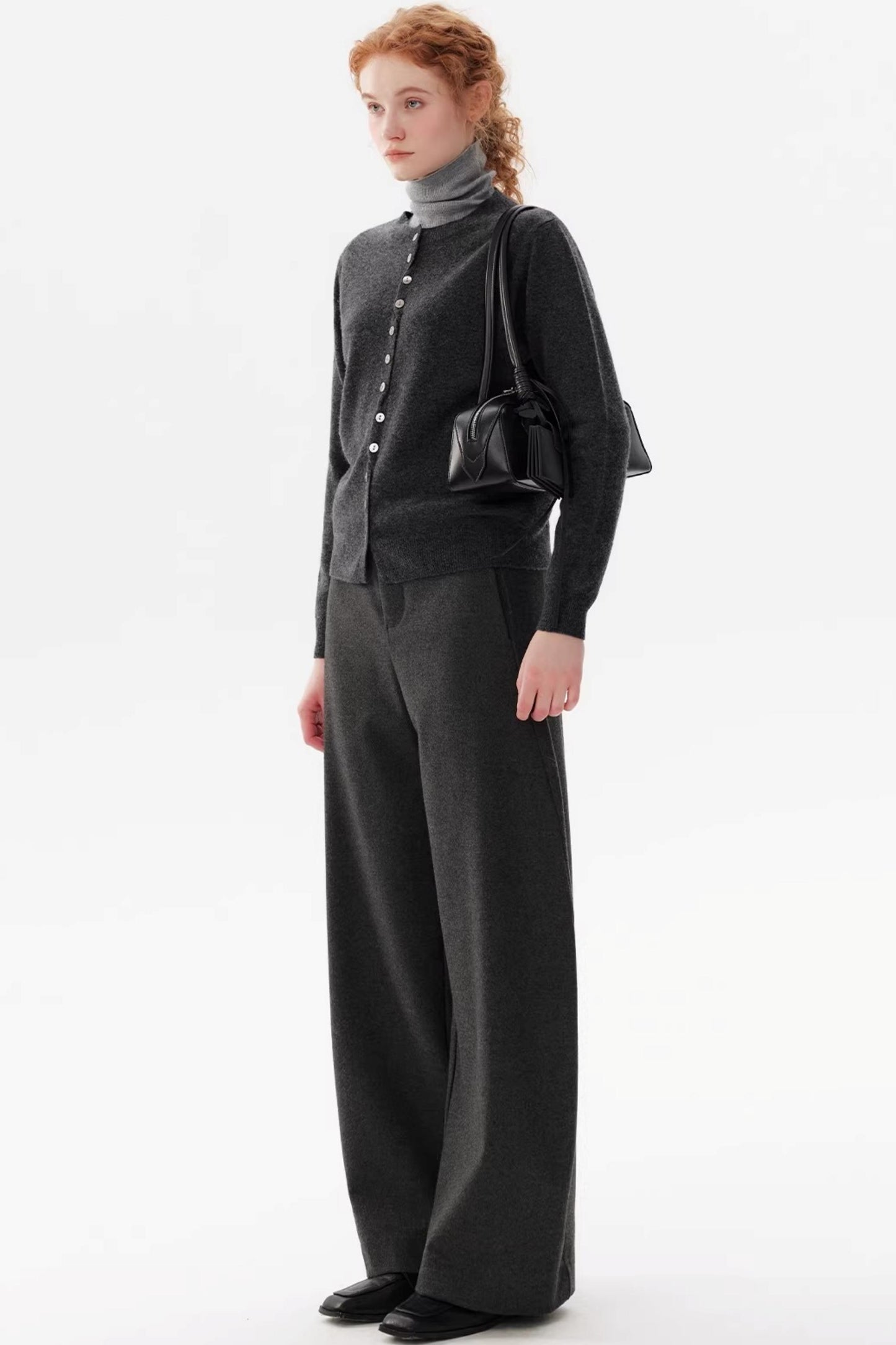 Gray Wool Crew Neck Cardigan