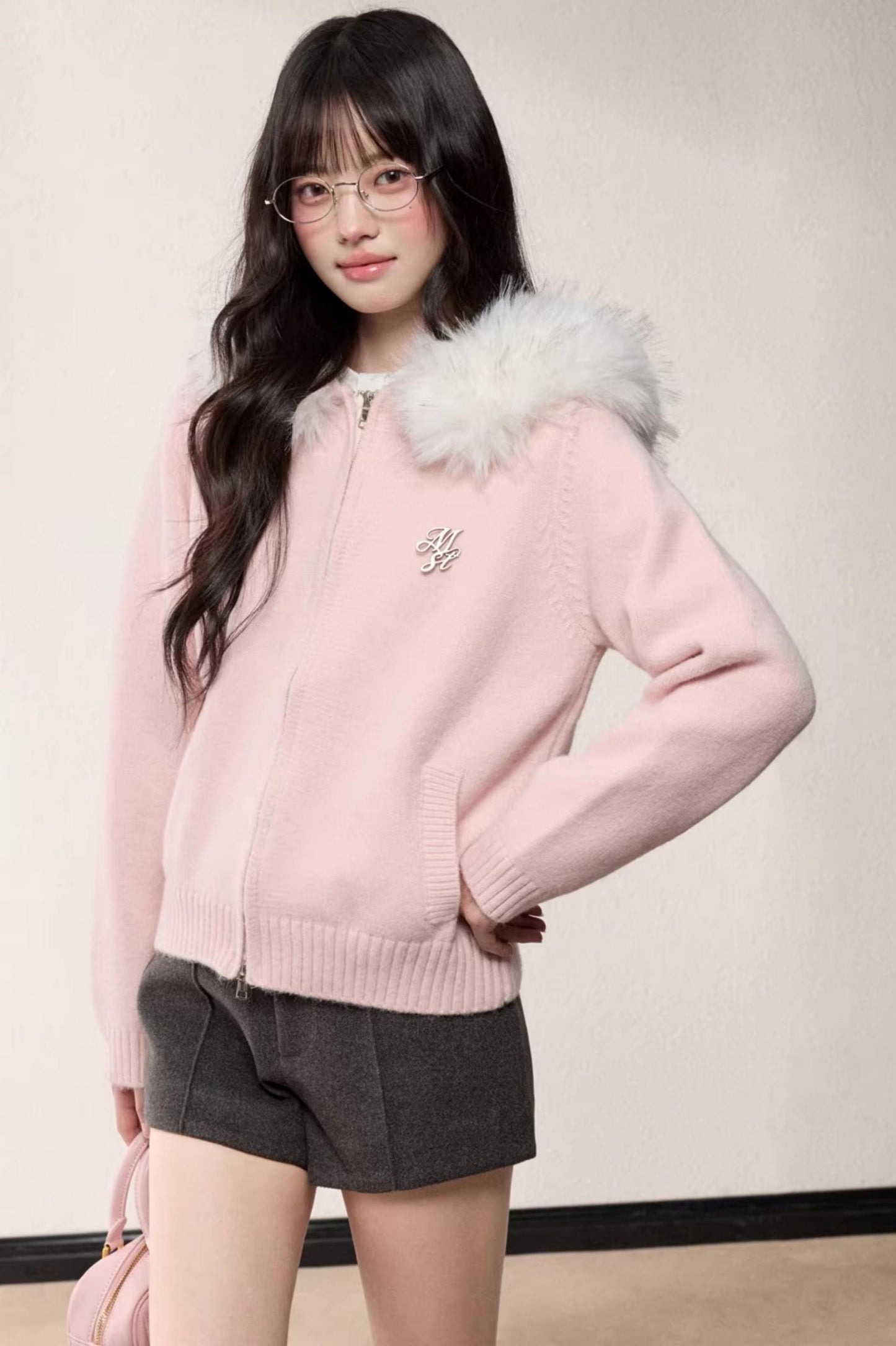 Fur Collar Hooded Knit Cardigan