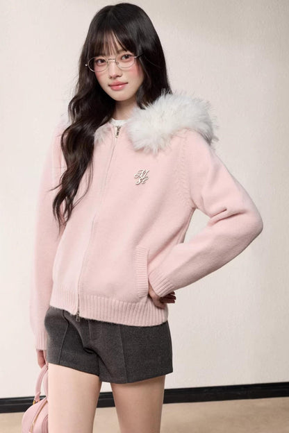 Fur Collar Hooded Knit Cardigan