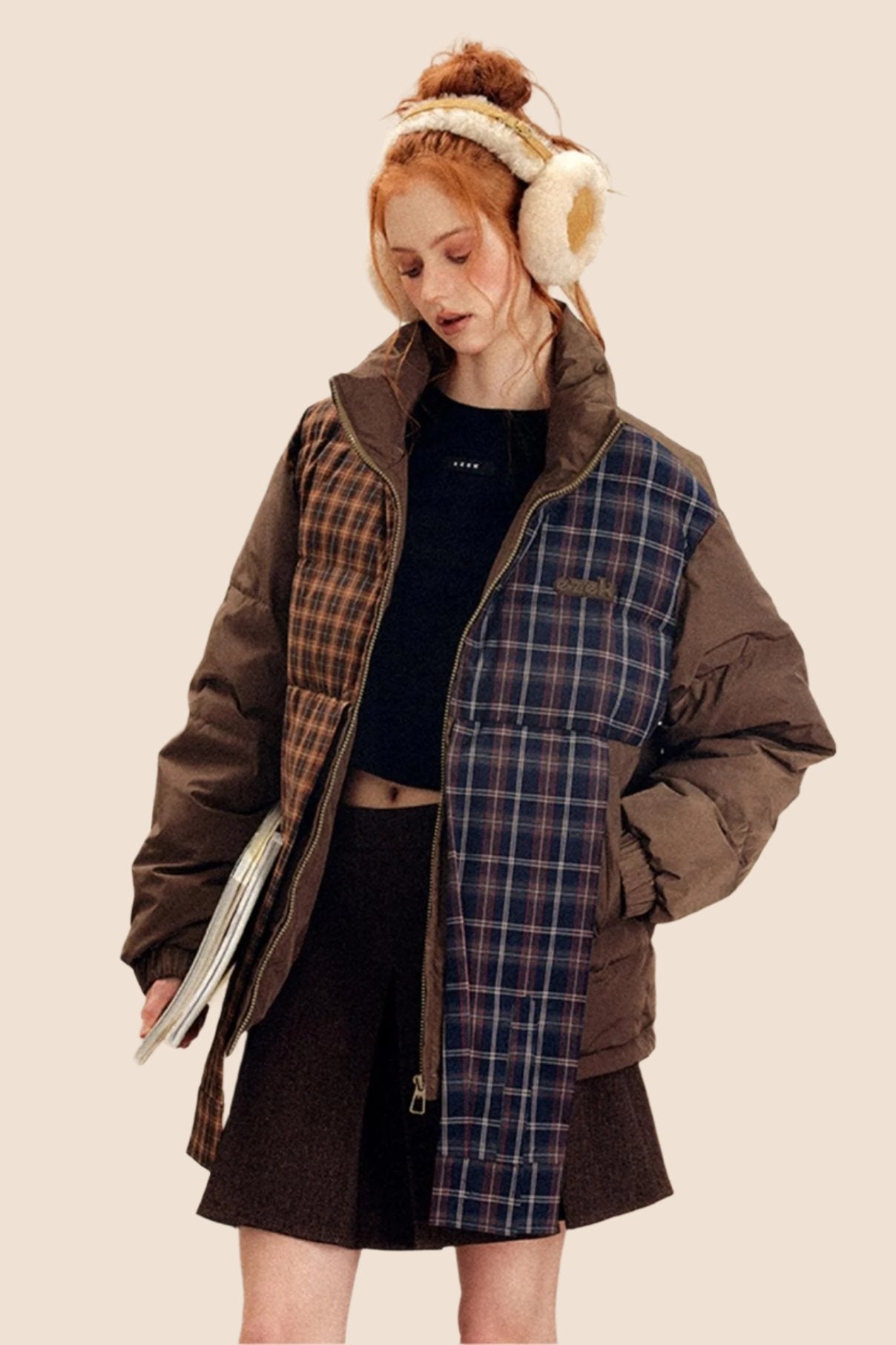 Irregular Plaid Contrast Thickened Cotton Jacket