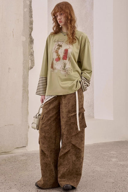 Vintage Print Loose Cargo Pants