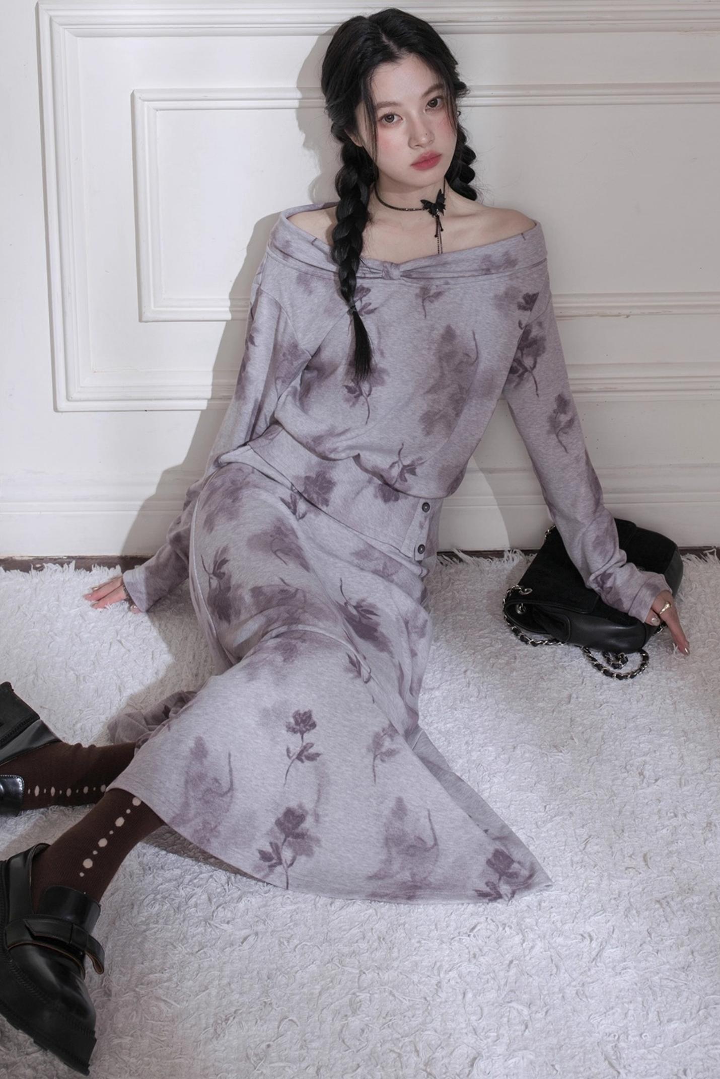 Cloud Gray Purple Bow Neck Knit Skirt Set