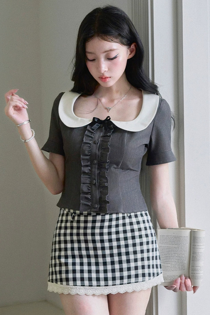 블랙 체크 러플 피터팬 칼라 셋업