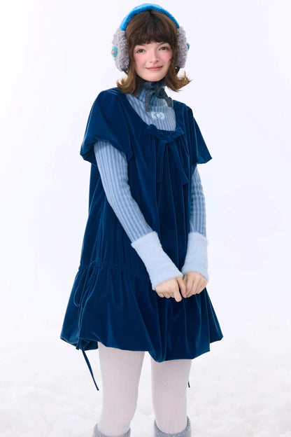 Deep Blue Velvet Bow Dress